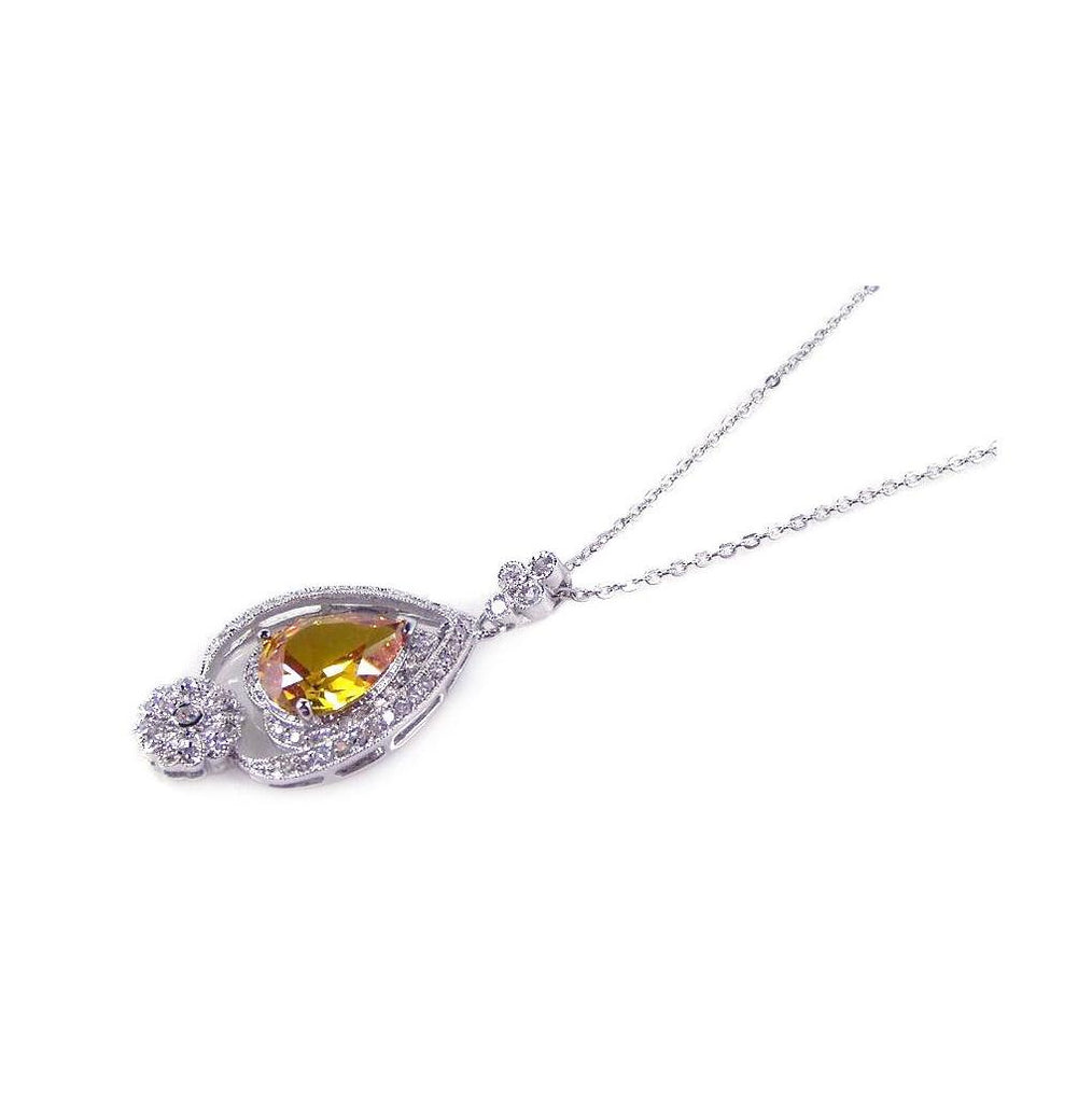 .925 Sterling Silver Clear Champagne Cz Rhodium Plated Pear Shape Pendant Necklace