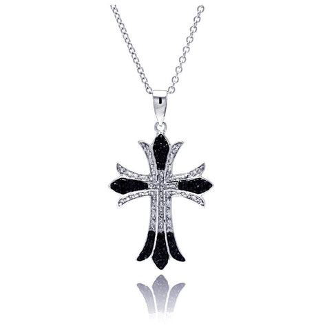 .925 Sterling Silver Black & Rhodium Plated Cross Cz Necklace