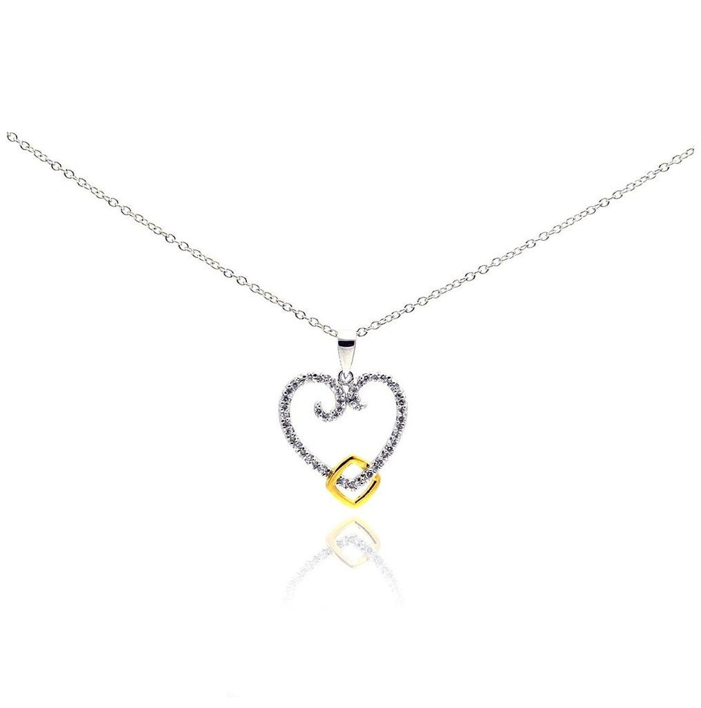 .925 Sterling Silver Gold & Rhodium Plated Open Heart Cz Necklace