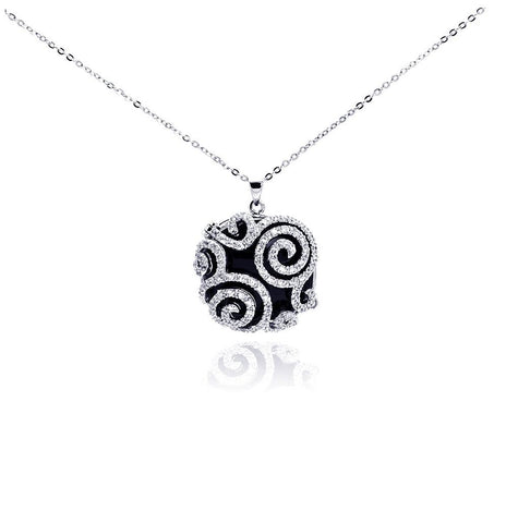 .925 Sterling Silver Rhodium Round Clear Filigree Cz Black Onyx Necklace