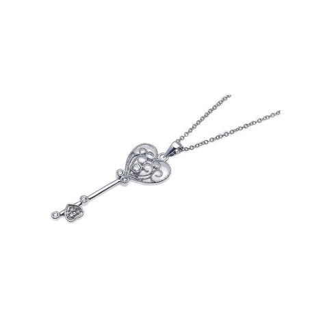 .925 Sterling Silver Rhodium Hearth Key Cz Necklace