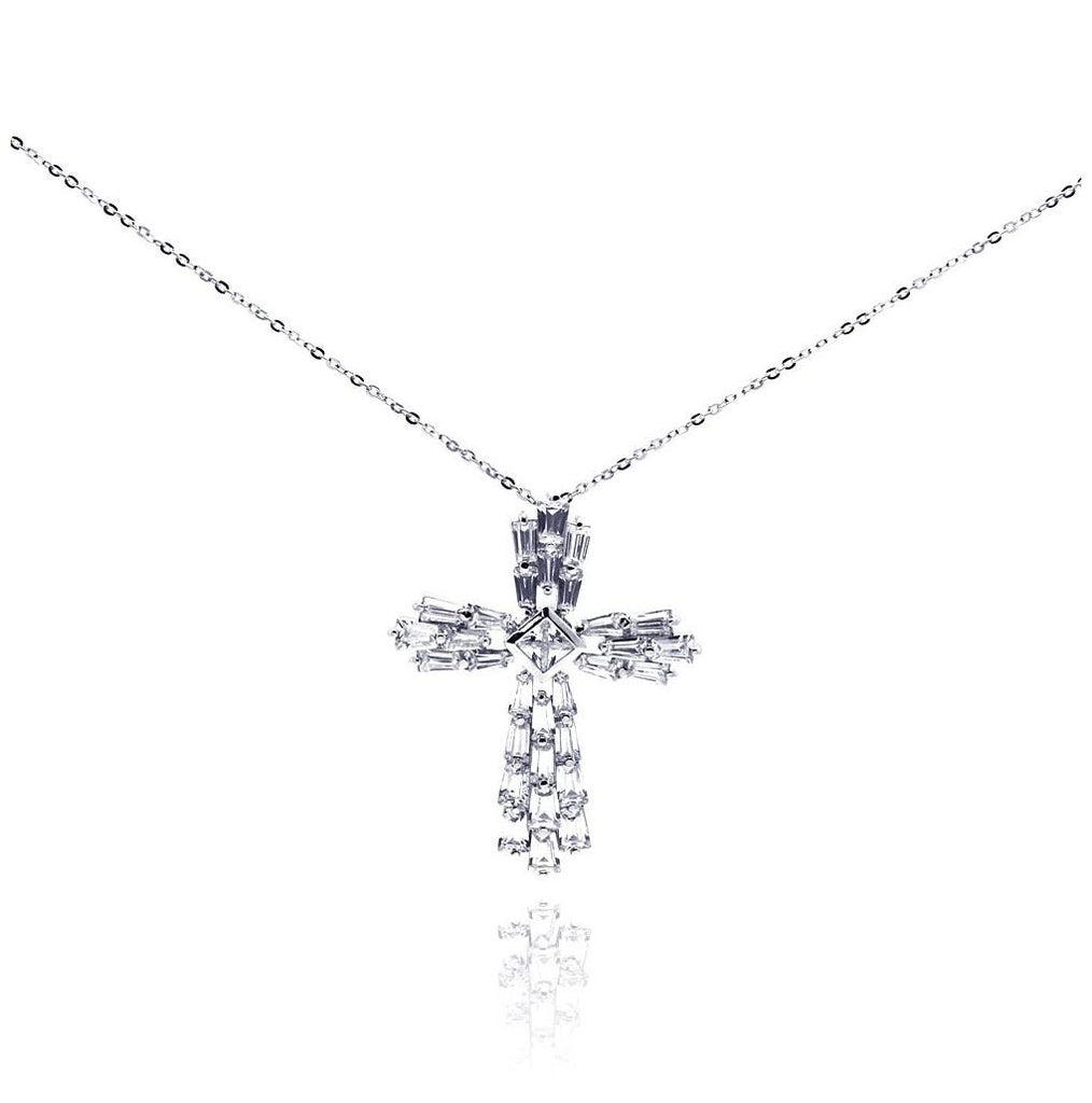 .925 Sterling Silver Rhodium Clear Cross Cz Necklace