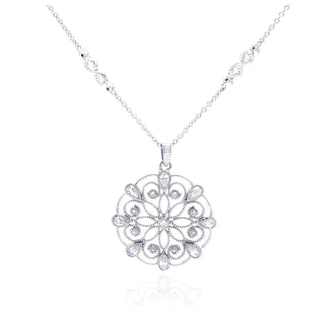 .925 Sterling Silver Rhodium Plated Open Outlined Flower Cz Necklace