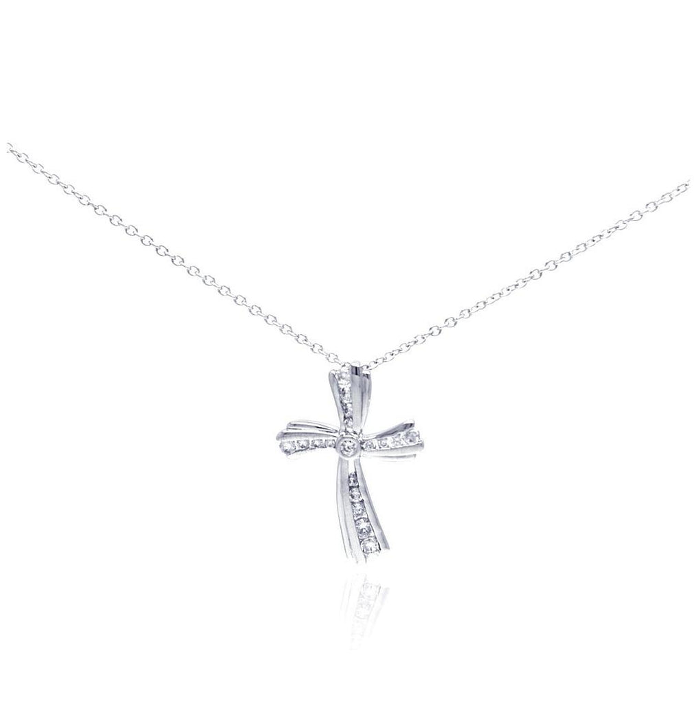 .925 Sterling Silver Rhodium Plated Curvy Cross Cz Necklace