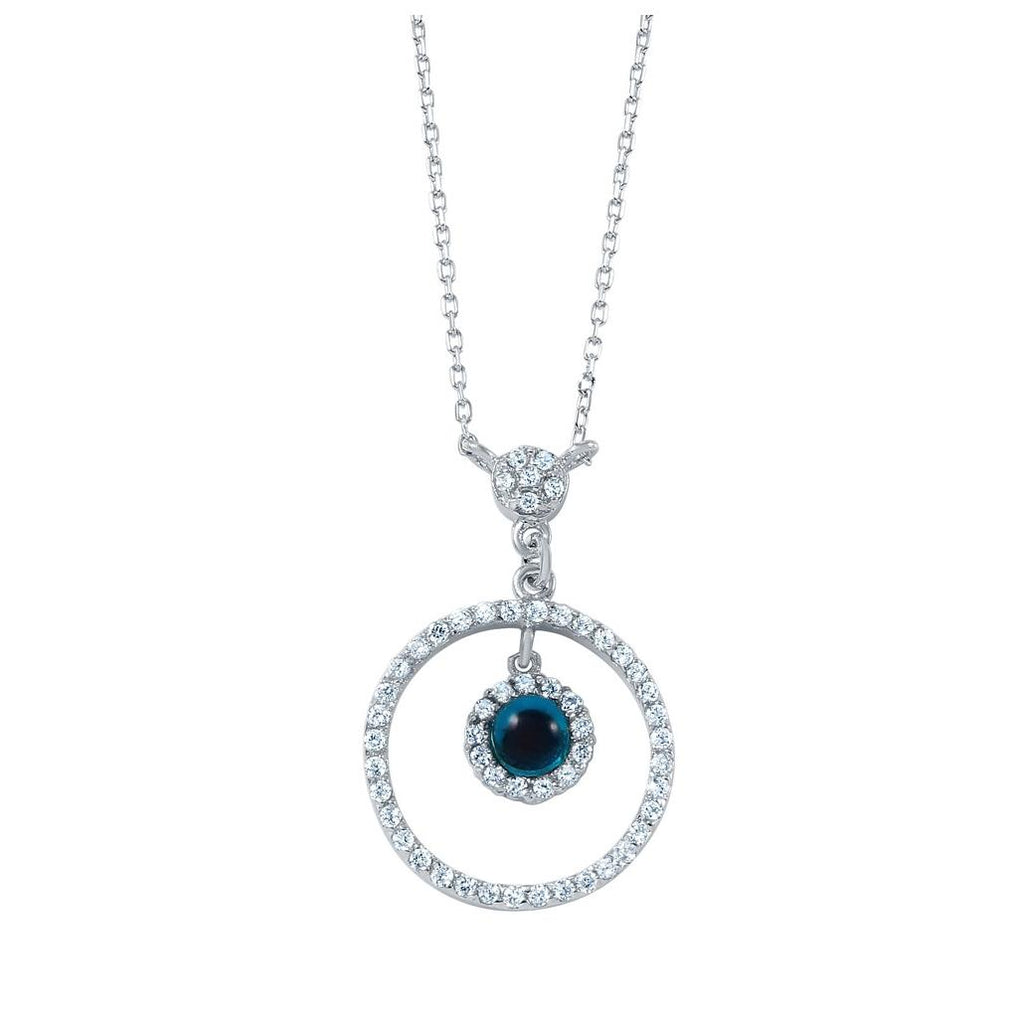 .925 Sterling Silver Rhodium Plated Cz Circular Evil Eye Pendant Necklace