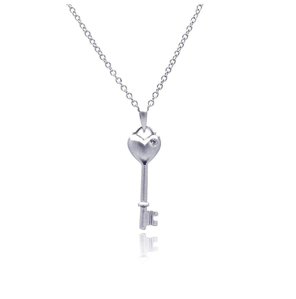 .925 Sterling Silver Rhodium Plated Heart Key Cz Necklace