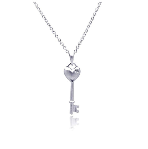 .925 Sterling Silver Rhodium Plated Heart Key Cz Necklace