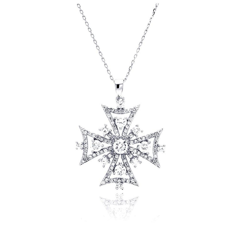 .925 Sterling Silver Rhodium Plated Outline Cross Cz Necklace