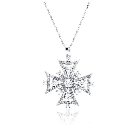 .925 Sterling Silver Rhodium Plated Outline Cross Cz Necklace