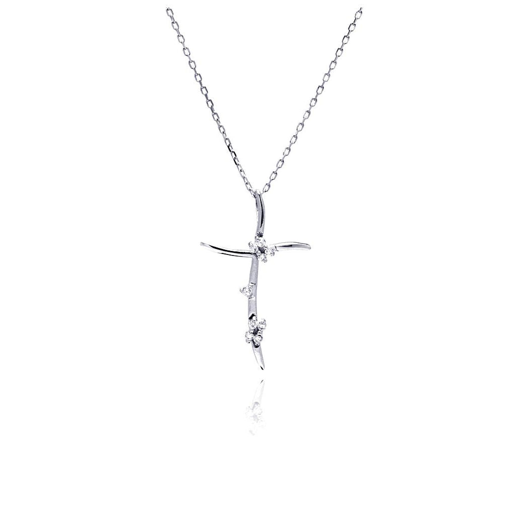 .925 Sterling Silver Rhodium Plated Thin Wavy Cz Cross Pendant Necklace