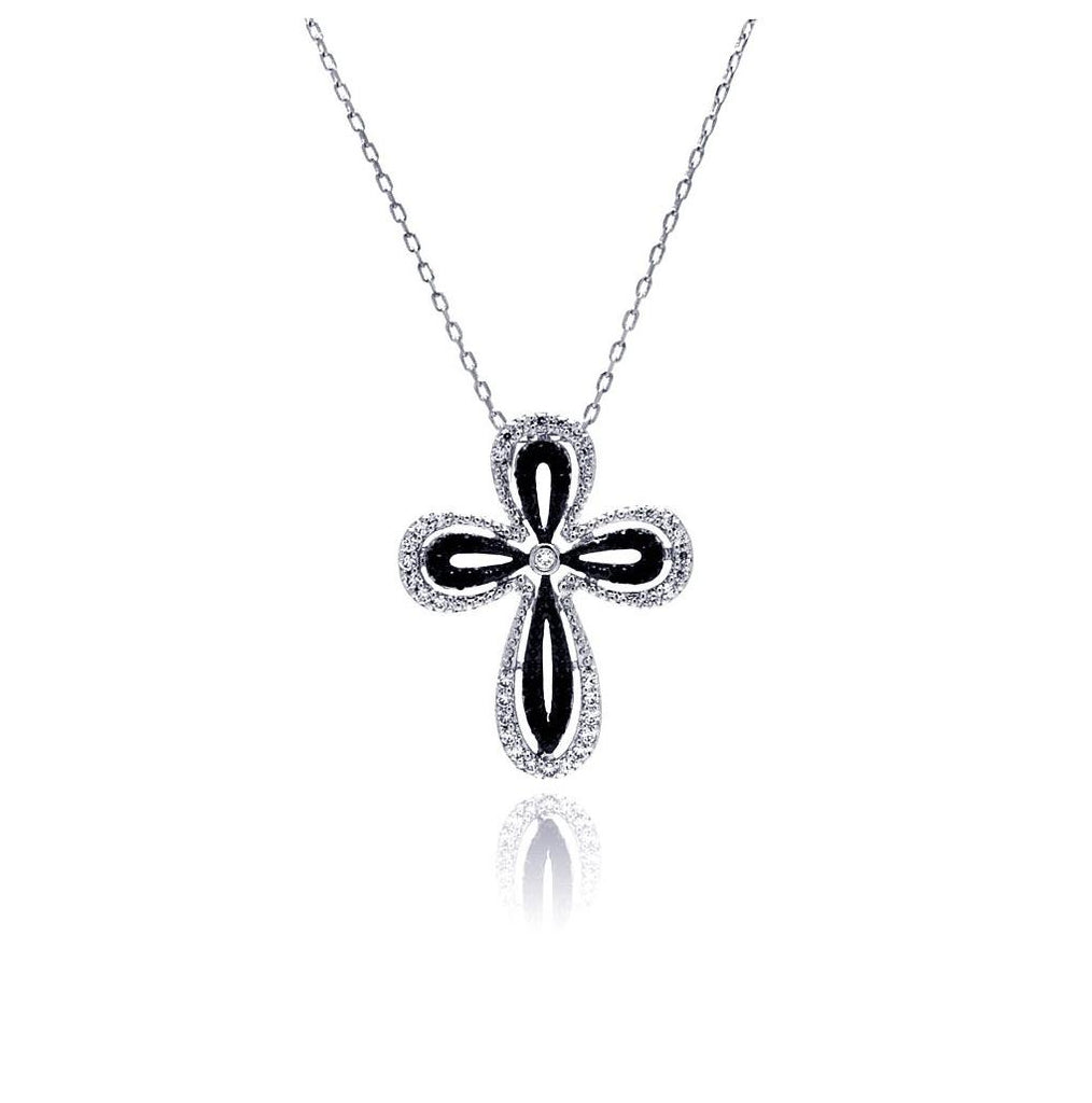 .925 Sterling Silver Rhodium Plated Open Black & Clear Cross Cz Necklace