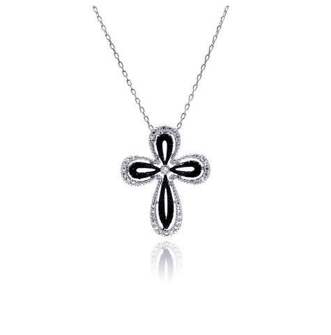 .925 Sterling Silver Rhodium Plated Open Black & Clear Cross Cz Necklace