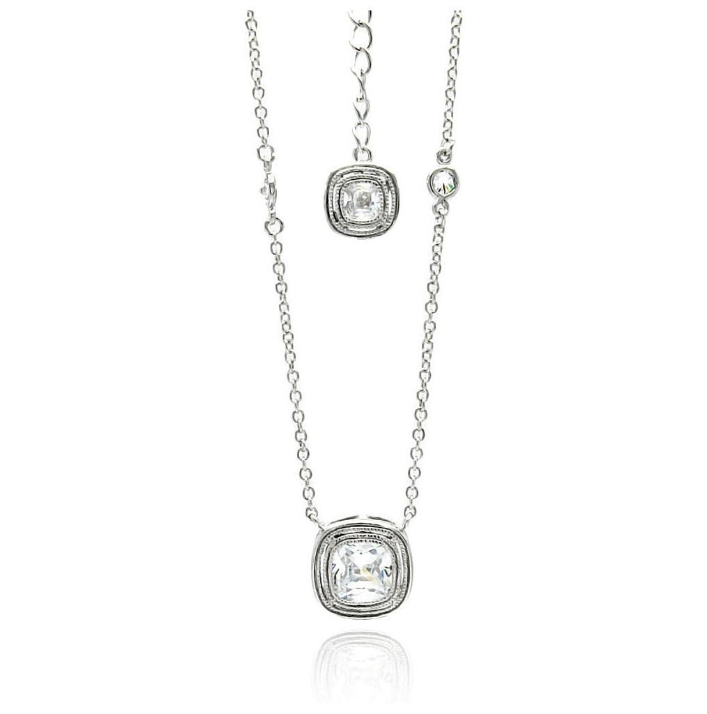 .925 Sterling Silver Rhodium Plated Double Square Cz Necklace