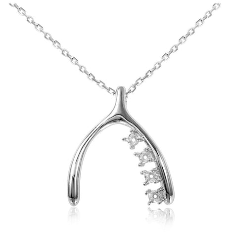 .925 Sterling Silver Rhodium Plated Personalized Wish Bone With 4 Stone Mounting Necklace