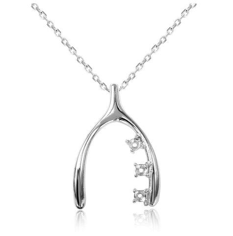 .925 Sterling Silver Rhodium Plated Personalized 3 Mounting Wish Bone Necklace