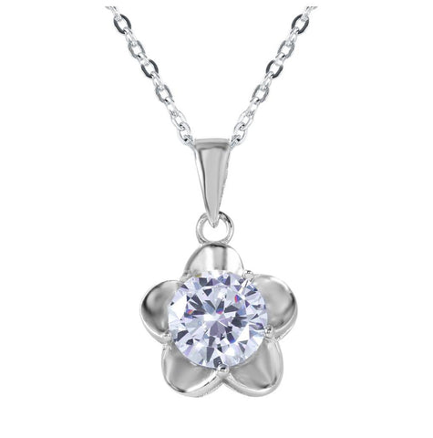 .925 Sterling Silver Small 5 Petal Flower With Large Cz Center Pendant Necklace