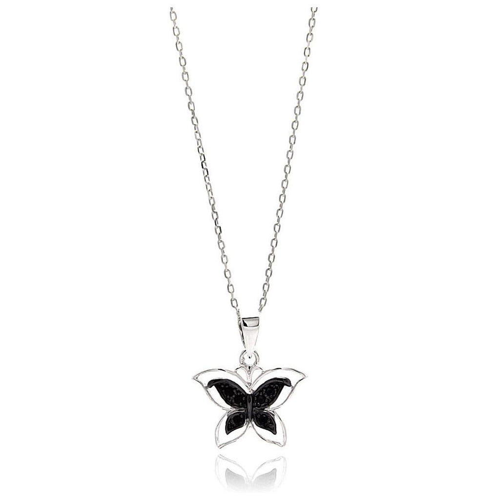 .925 Sterling Silver Rhodium Plated Open Butterfly Black & Clear Cz Necklace