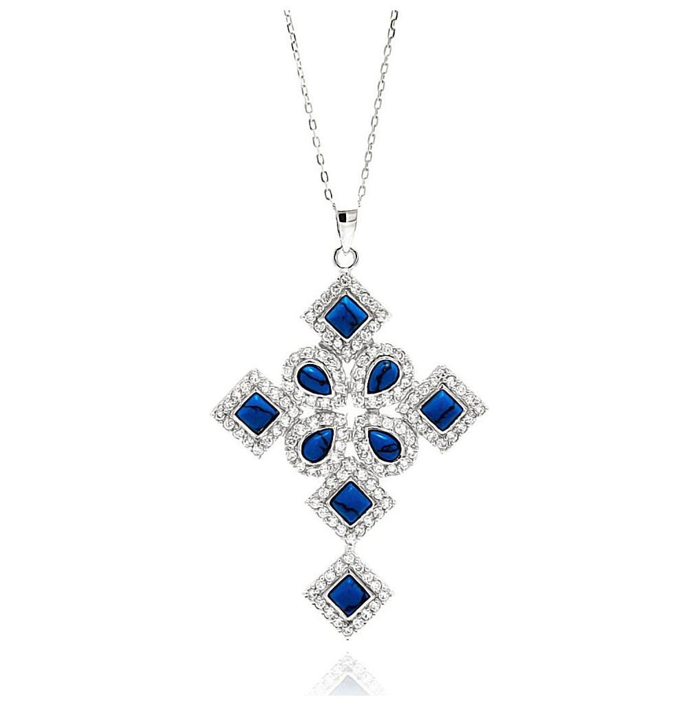 .925 Sterling Silver Rhodium Plated Blue Multiple Shape Cross Cz Necklace