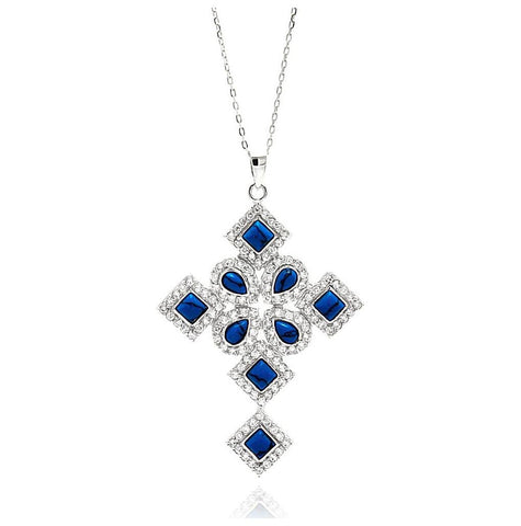 .925 Sterling Silver Rhodium Plated Blue Multiple Shape Cross Cz Necklace