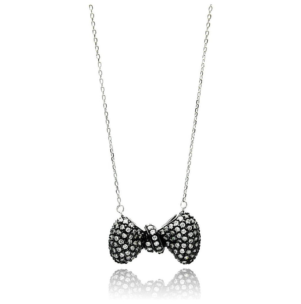 .925 Sterling Silver Black Rhodium Plated Bow Clear Cz Inlay Necklace