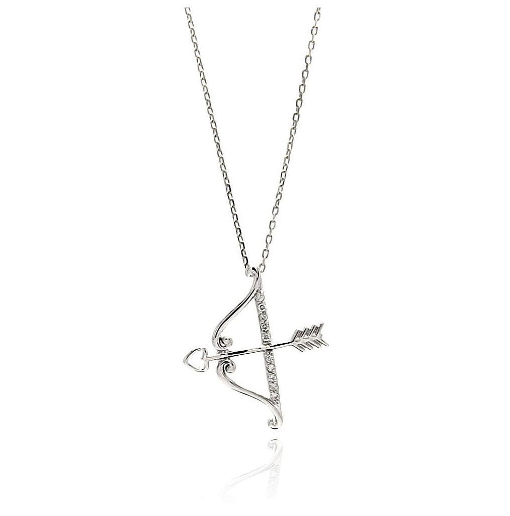 .925 Sterling Silver Rhodium Plated Open Bow & Arrow Cz Necklace