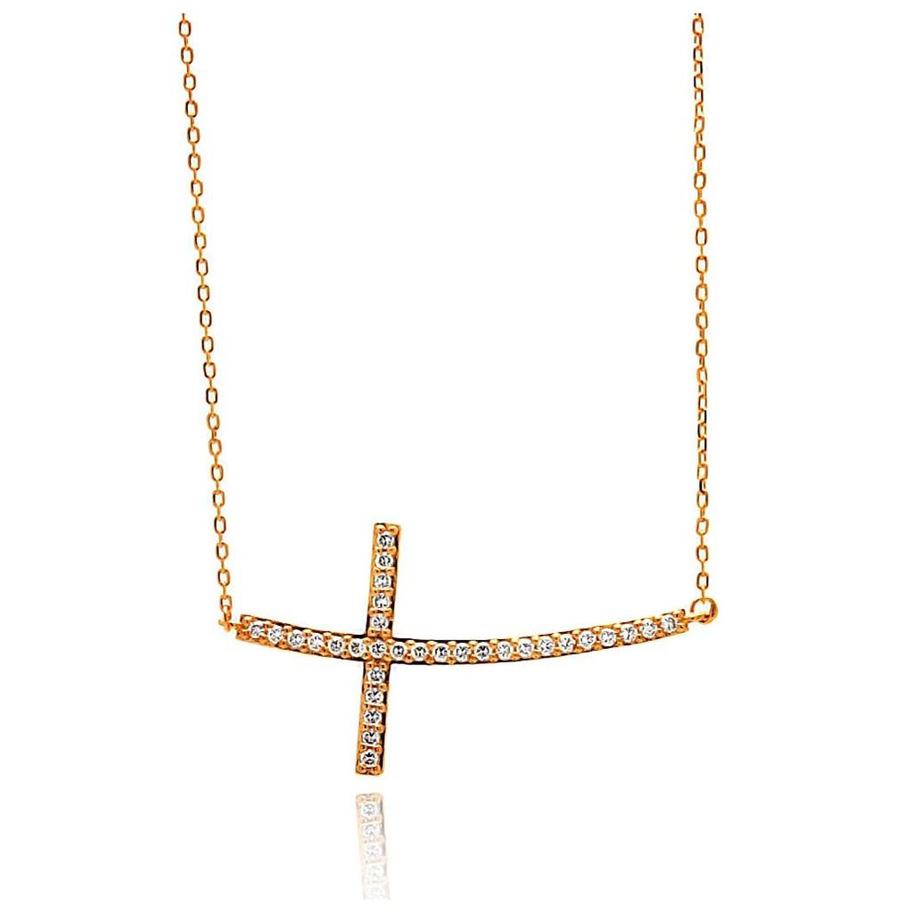 .925 Sterling Silver Rose Gold Plated Sideways Cz Inlay Necklace