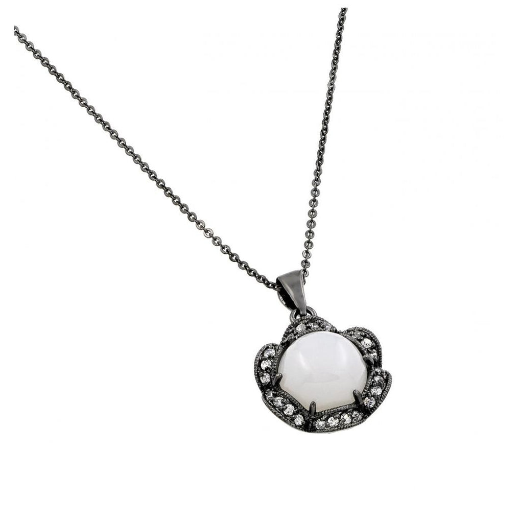 .925 Sterling Silver Black Rhodium Plated Cz Inlay Center Pearl Necklace