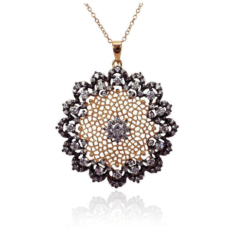 .925 Sterling Silver Rhodium Plated Multiple Black & Clear Cz Flower Filigree Necklace