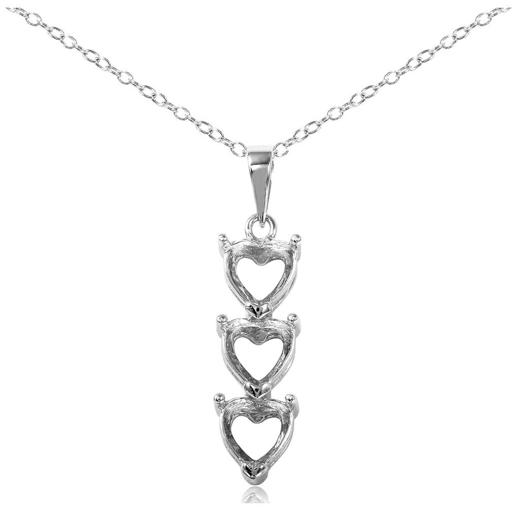 .925 Sterling Silver Rhodium Plated Personalized 3 Heart Drop Mounting Necklace