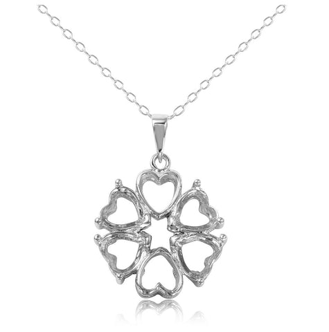 .925 Sterling Silver Rhodium Plated Personalized 4 Hearts Mounting 2 Open Heart Flower Necklace