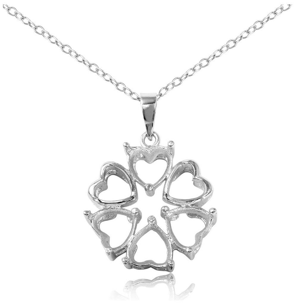 .925 Sterling Silver Rhodium Plated Personalized 4 Hearts Mounting 2 Open Heart Flower Necklace