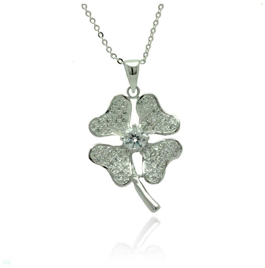 .925 Sterling Silver Rhodium Plated Heart Clover Micro Pave Cz Necklace