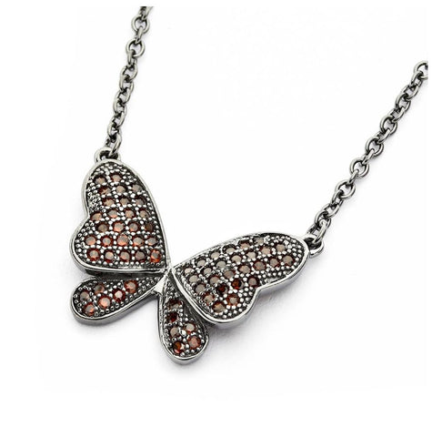 .925 Sterling Silver Black Rhodium Plated Butterfly Cz Necklace