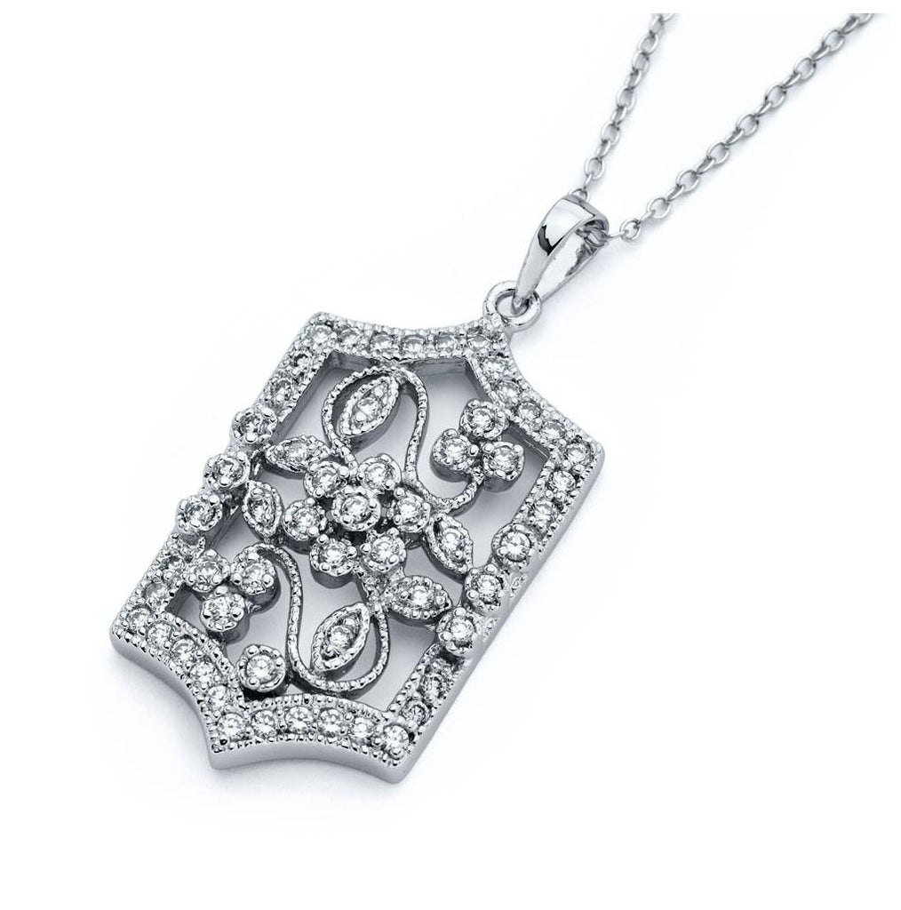 .925 Sterling Silver Rhodium Plated Flower Filigree Cz Necklace