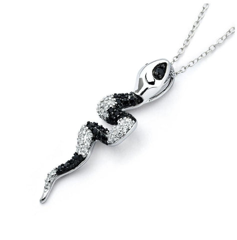 .925 Sterling Silver Rhodium Plated Black & Clear Snake Cz Necklace