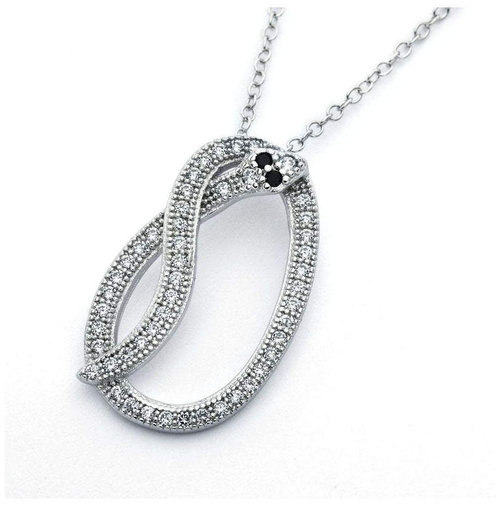 .925 Sterling Silver Rhodium Plated Long Black & Clear Snake Cz Necklace