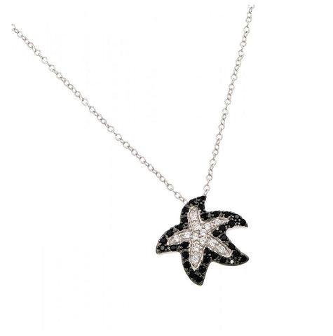 .925 Sterling Silver Rhodium Plated Clear And Black Cz Stone Starfish Pendant Necklace