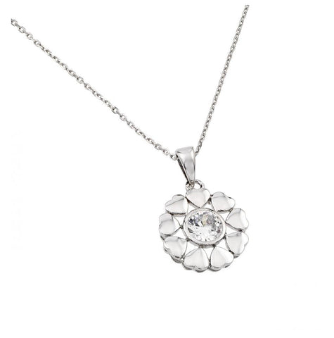 .925 Sterling Silver Rhodium Plated Heart Circle Chain With Clear Cz Stone Center Pendant Necklace