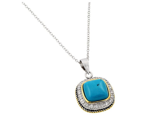 .925 Sterling Silver Rhodiumgoldand Black Rhodium Plated Clear Cz Square Blue Stone Pendant Necklace