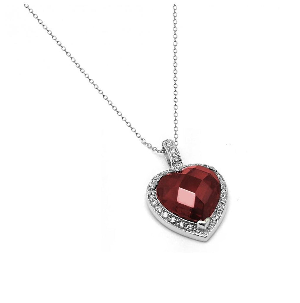 .925 Sterling Silver Rhodium Plated Clear And Red Cz Heart Pendant Necklace