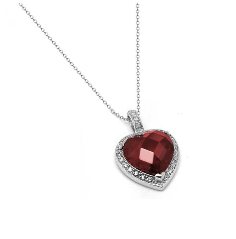 .925 Sterling Silver Rhodium Plated Clear And Red Cz Heart Pendant Necklace