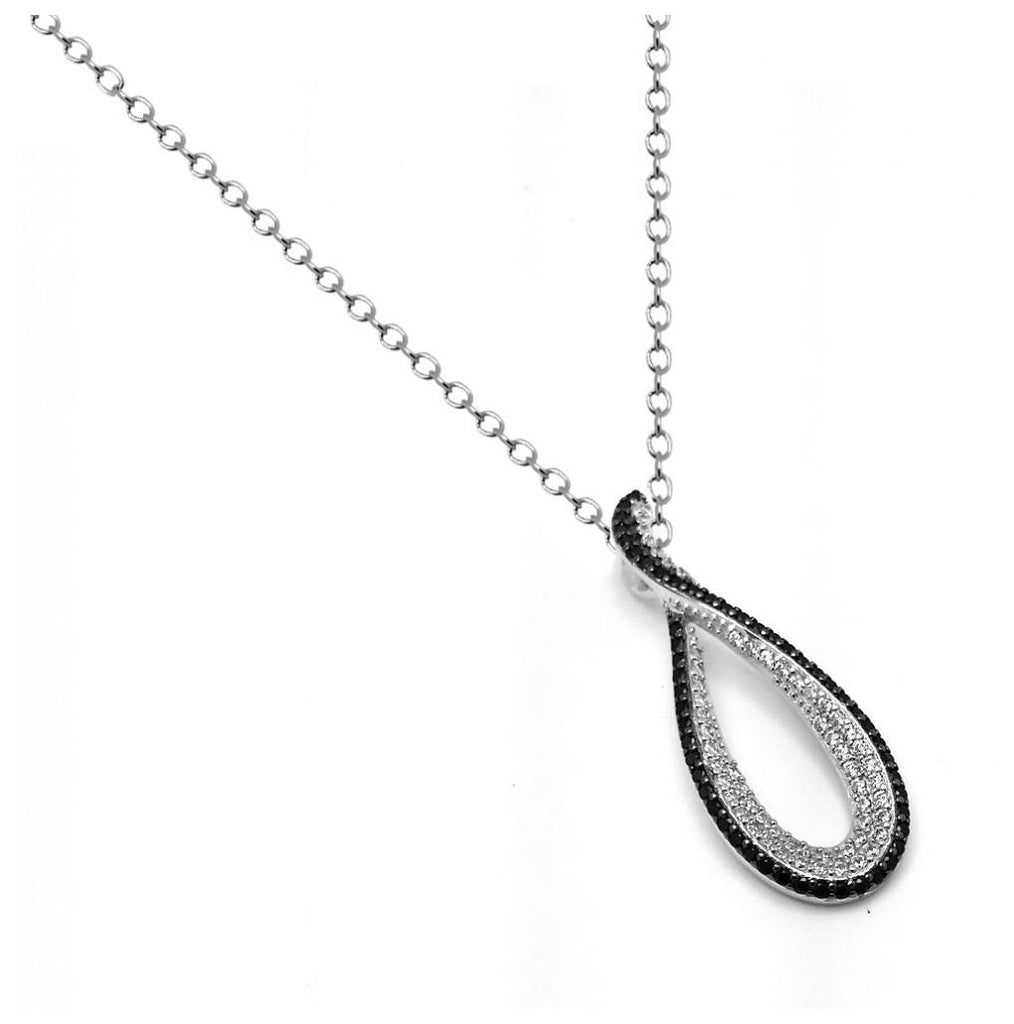 .925 Sterling Silver Rhodium And Black Rhodium Plated Clear Cz Drop Shape Pendant Necklace