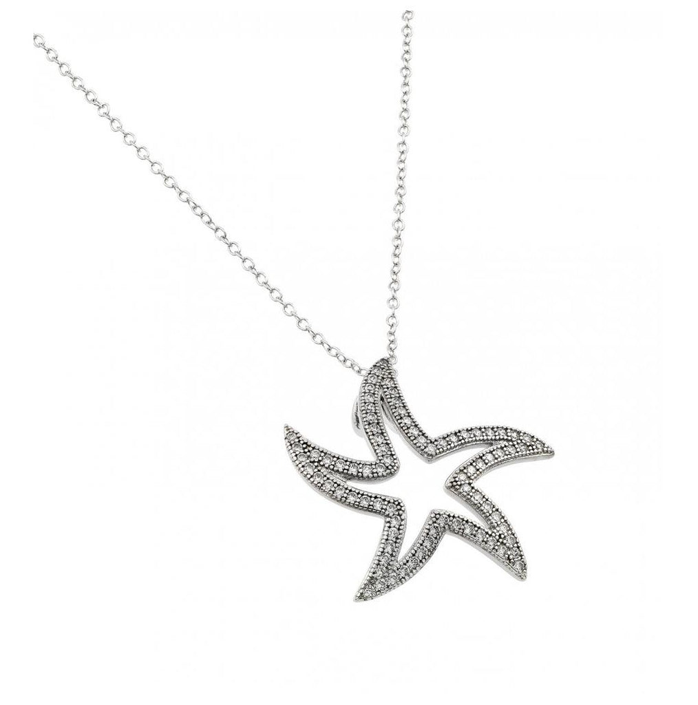 .925 Sterling Silver Rhodium Plated Opne Curvy Star Cz Necklace