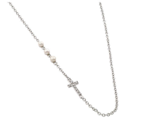 .925 Sterling Silver Rhodium Plated Clear Cz 3 Pearl 1 Cross Pendant Necklace