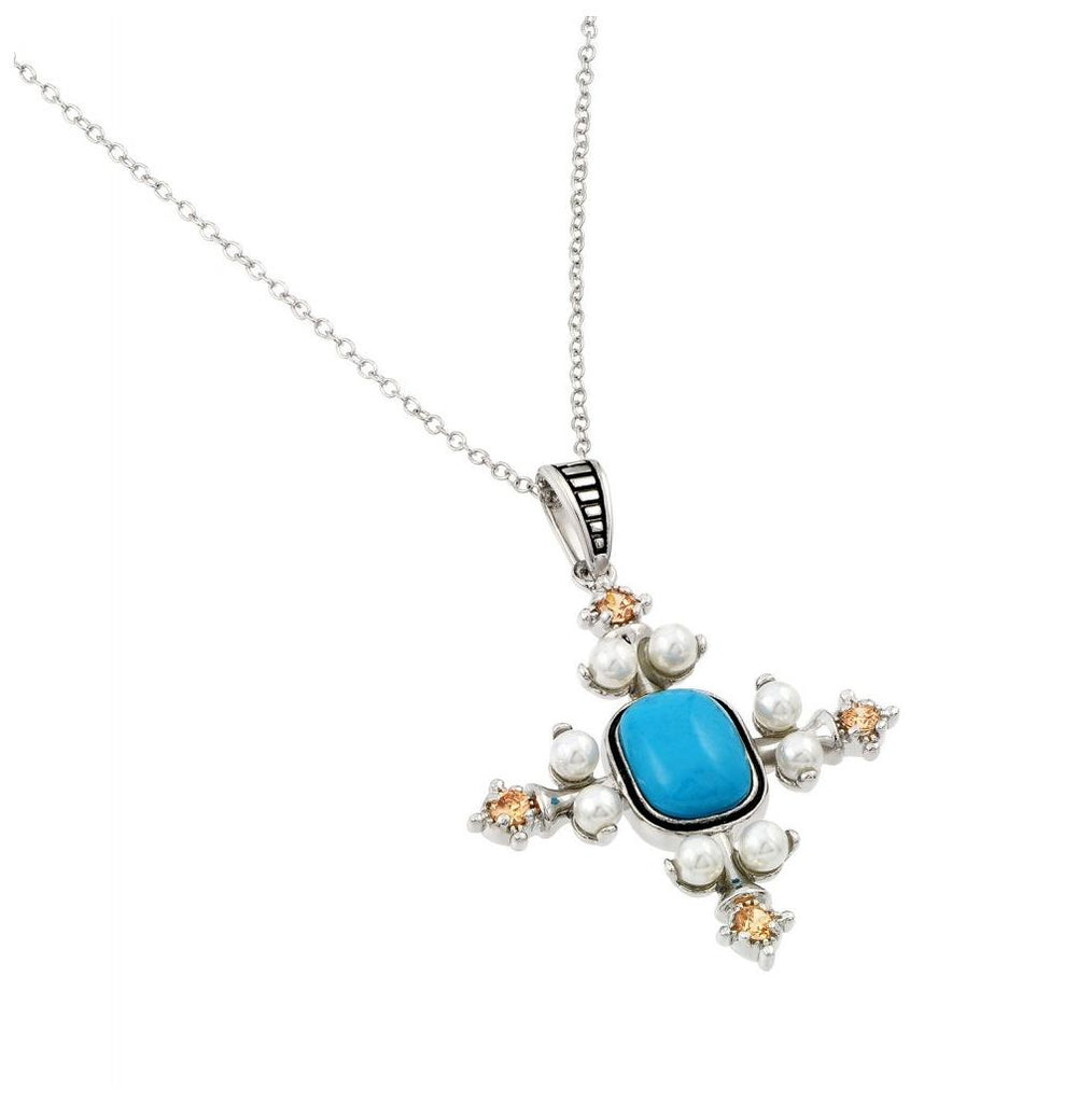 .925 Sterling Silver Rhodium Plated Blue Stone Square Cross Pearl Pendant Necklace