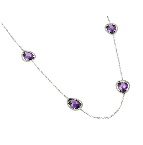 .925 Sterling Silver Rhodium Plated Clear Cz Purple Pear Shape Pendant Necklace