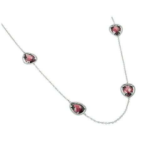 .925 Sterling Silver Rhodium Plated Clear Cz Red Pearl Shape Pendant Necklace