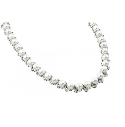 .925 Sterling Silver Rhodium Plated Cz Pearl Necklace