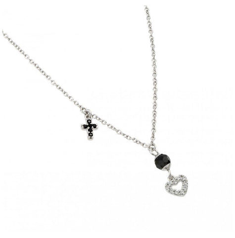 .925 Sterling Silver Rhodium Plated Onyx Cross Heart Pendant