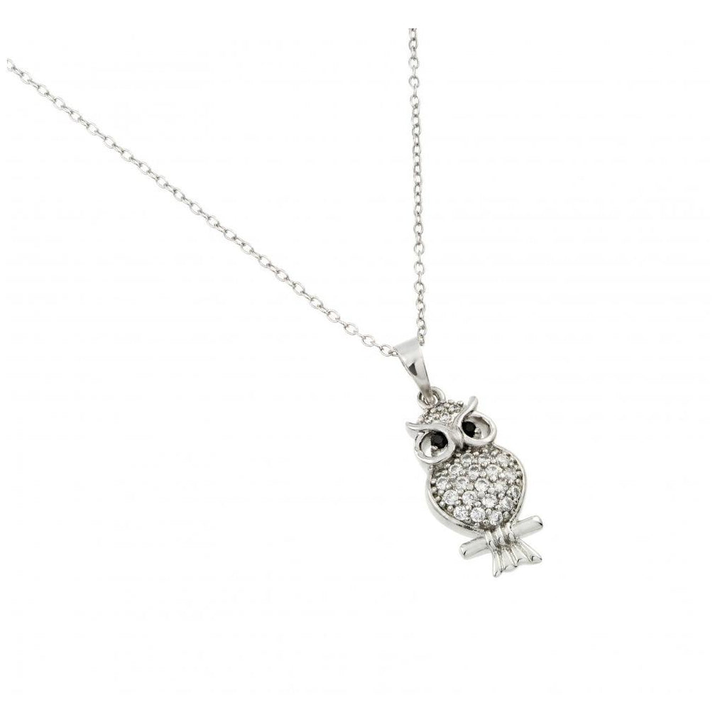 .925 Sterling Silver Rhodium Plated Owl Pendant